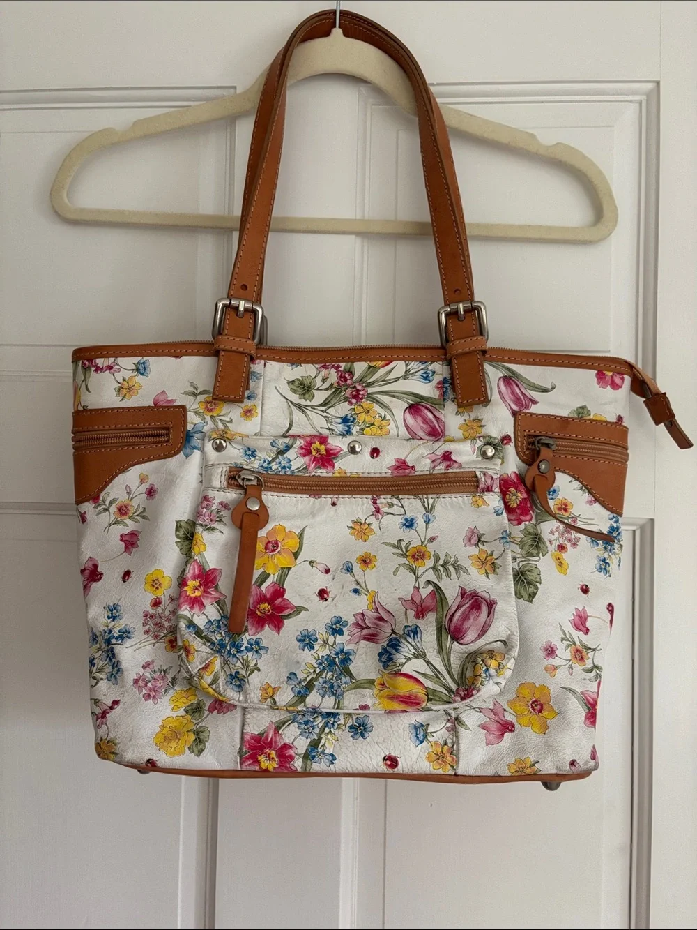Women's Floral Tote Bag with Tan Trim